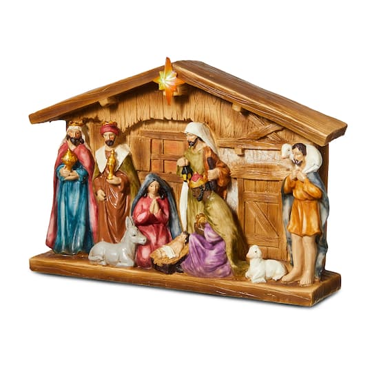 Glitzhome Lighted Resin House Nativity Set, One Size, Brown